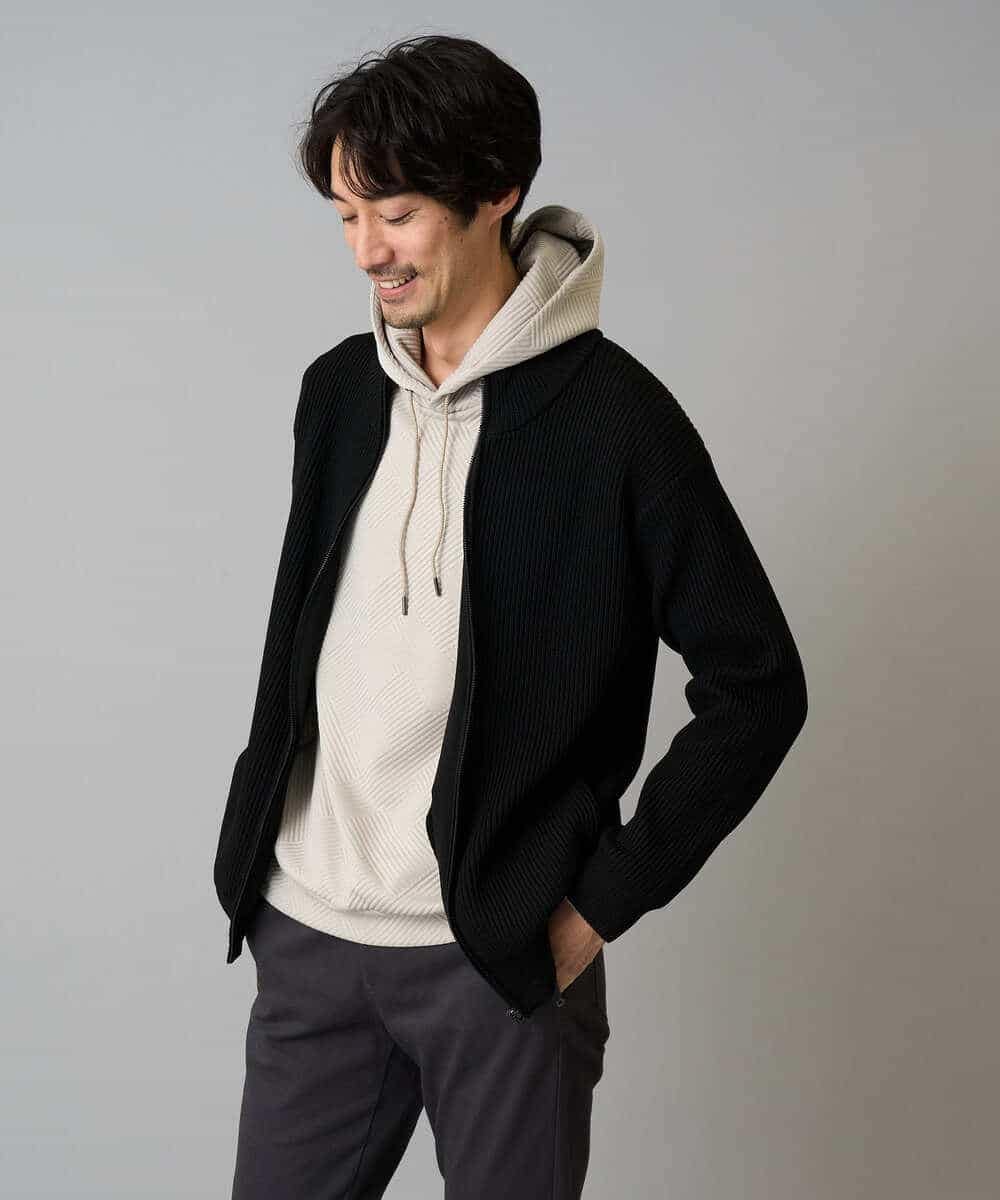 KHCLA13064 a.v.v MEN(アー・ヴェ・ヴェ) 【洗濯機で洗える】ポリエステルリブニットジップアップカーディガン ブラック