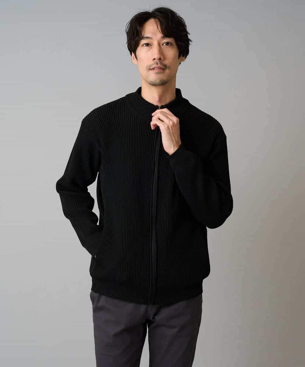 KHCLA13064 a.v.v MEN(アー・ヴェ・ヴェ) 【洗濯機で洗える】ポリエステルリブニットジップアップカーディガン ブラック