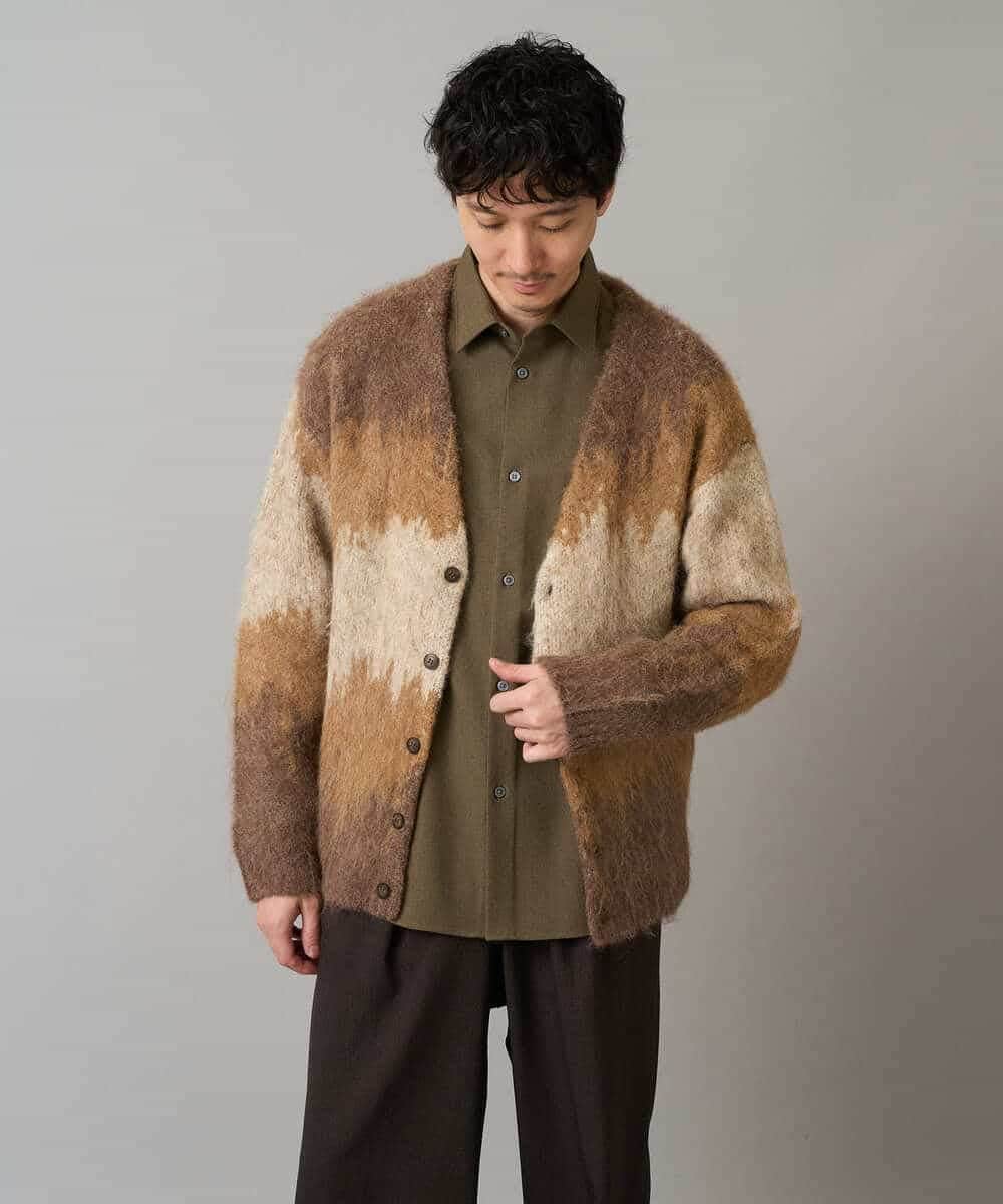 KHCLA25089 a.v.v MEN(アー・ヴェ・ヴェ) ボカシ柄起毛シャギーワイドカーディガン ダークグレー系