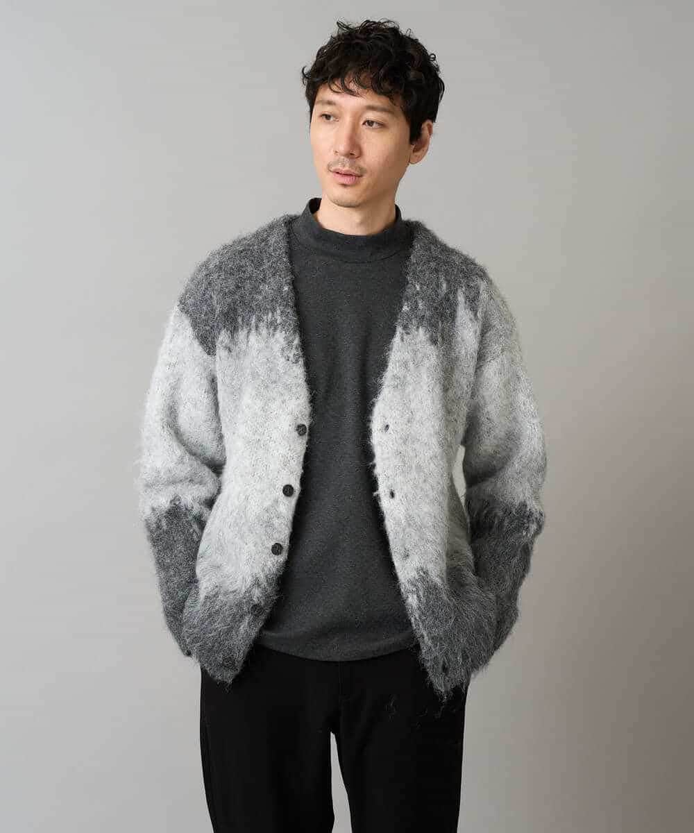 KHCLA25089 a.v.v MEN(アー・ヴェ・ヴェ) ボカシ柄起毛シャギーワイドカーディガン ダークグレー系