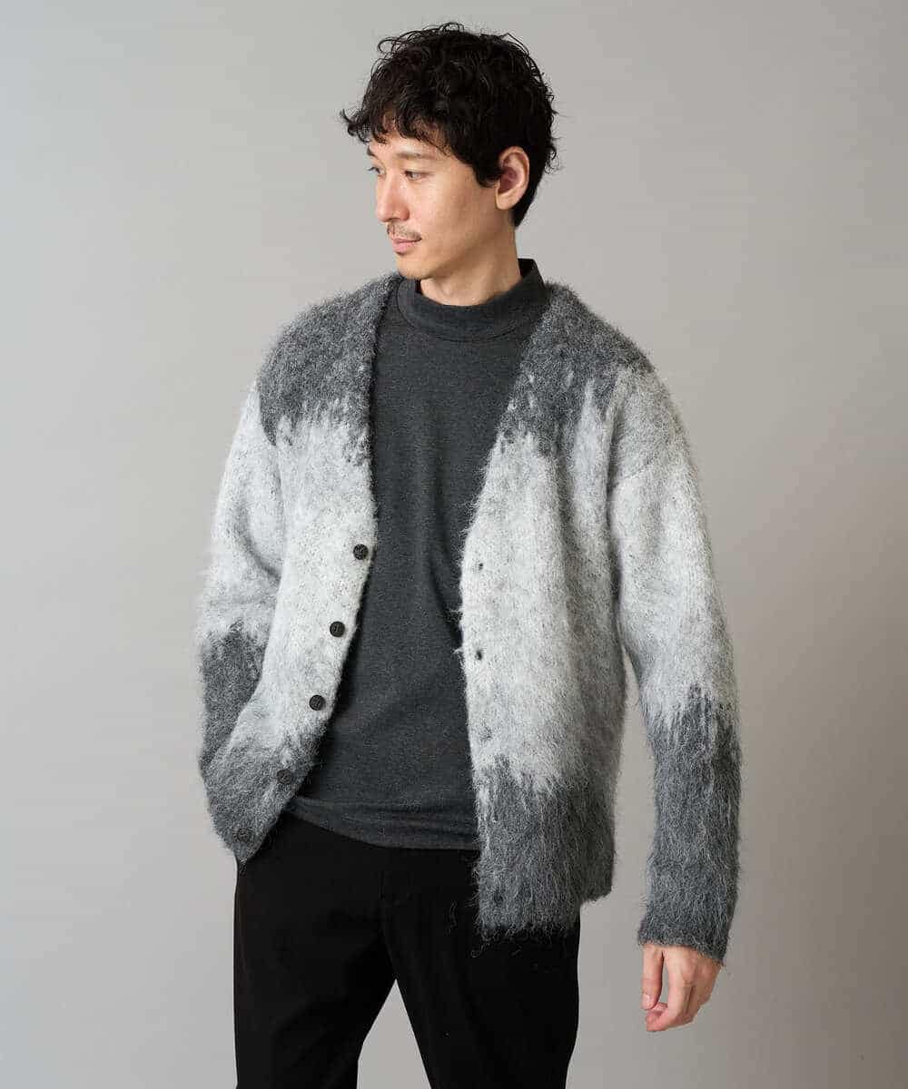 KHCLA25089 a.v.v MEN(アー・ヴェ・ヴェ) ボカシ柄起毛シャギーワイドカーディガン ダークグレー系