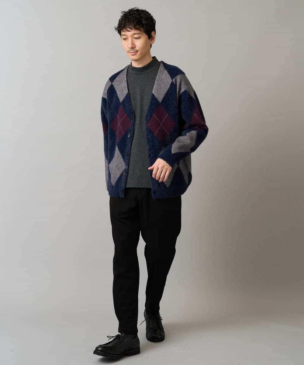 KHCLA26089 a.v.v MEN(アー・ヴェ・ヴェ) 【洗濯で洗える】シャギーアーガイルワイドシルエットカーディガン ブラック
