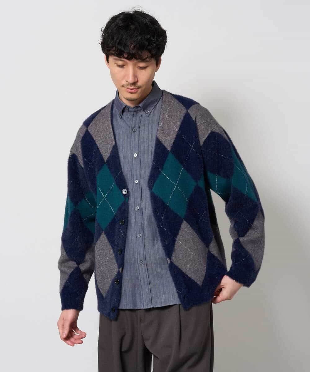 KHCLD26089 a.v.v MEN(アー・ヴェ・ヴェ) 【洗濯機で洗える】シャギーアーガイルワイドシルエットカーディガン ブラック