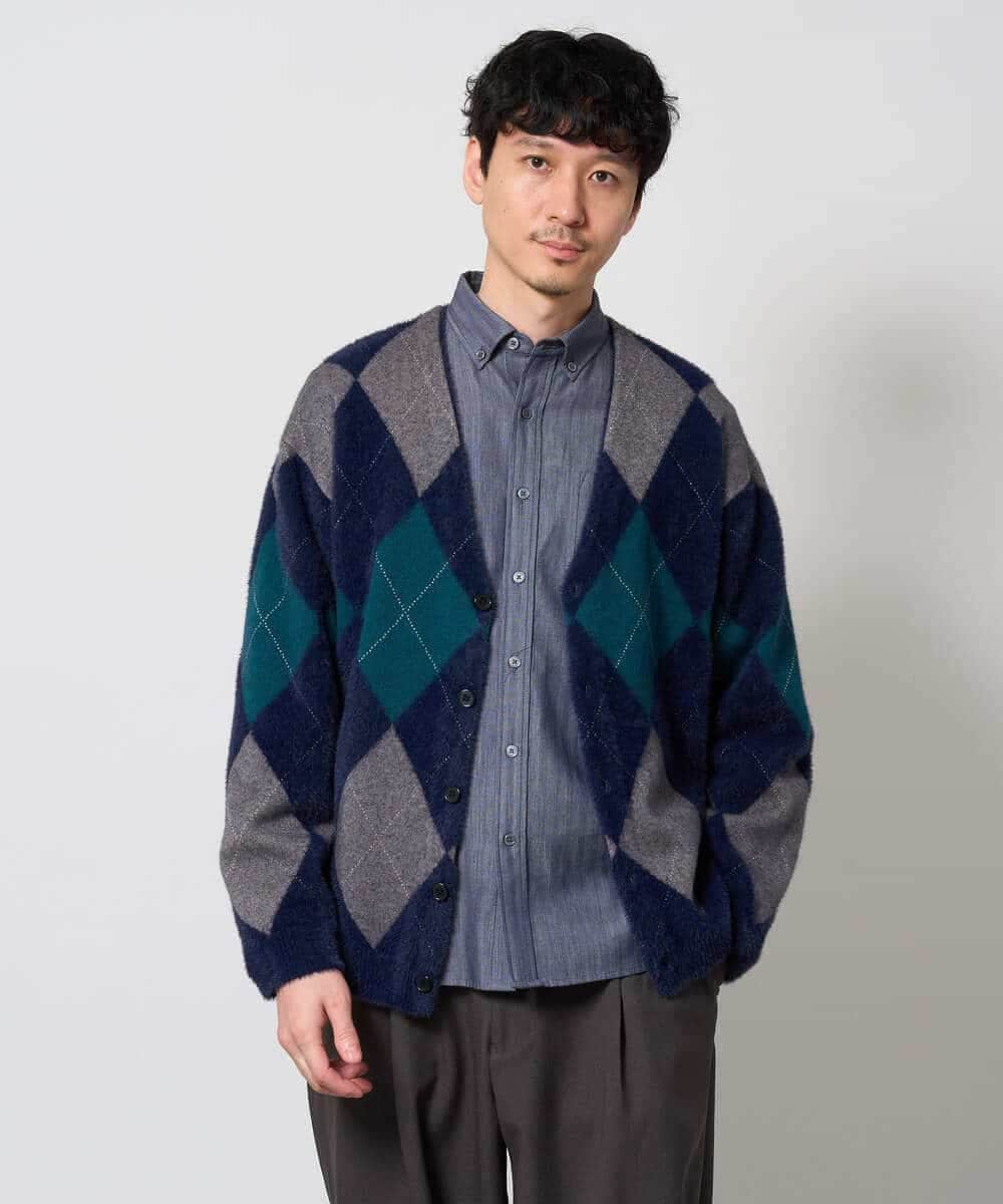 KHCLD26089 a.v.v MEN(アー・ヴェ・ヴェ) 【洗濯機で洗える】シャギーアーガイルワイドシルエットカーディガン ブラック