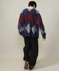 KHCLV26079 a.v.v MEN(アー・ヴェ・ヴェ) 【肌触りなめらか】アーガイル柄シャギーニットカーディガン(厚手） ネイビー×ボルドー