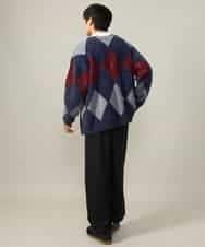 KHCLV26079 a.v.v MEN(アー・ヴェ・ヴェ) 【肌触りなめらか】アーガイル柄シャギーニットカーディガン(厚手） ネイビー×ボルドー