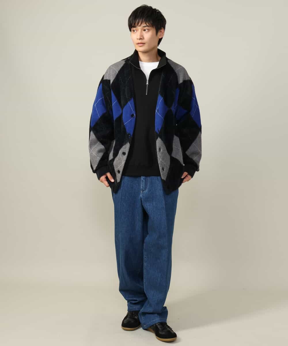 KHCLV26079 a.v.v MEN(アー・ヴェ・ヴェ) 【肌触りなめらか】アーガイル柄シャギーニットカーディガン(厚手） ネイビー×ボルドー