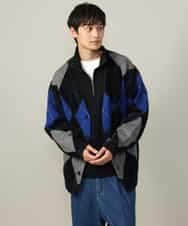 KHCLV26079 a.v.v MEN(アー・ヴェ・ヴェ) 【肌触りなめらか】アーガイル柄シャギーニットカーディガン(厚手） ネイビー×ボルドー