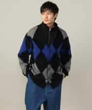 KHCLV26079 a.v.v MEN(アー・ヴェ・ヴェ) 【肌触りなめらか】アーガイル柄シャギーニットカーディガン(厚手） ネイビー×ボルドー