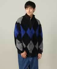 KHCLV26079 a.v.v MEN(アー・ヴェ・ヴェ) 【肌触りなめらか】アーガイル柄シャギーニットカーディガン(厚手） ネイビー×ボルドー