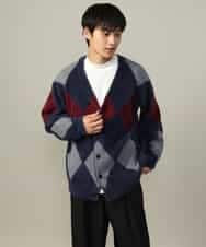 KHCLV26079 a.v.v MEN(アー・ヴェ・ヴェ) 【肌触りなめらか】アーガイル柄シャギーニットカーディガン(厚手） ネイビー×ボルドー
