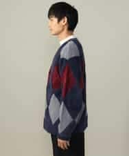 KHCLV26079 a.v.v MEN(アー・ヴェ・ヴェ) 【肌触りなめらか】アーガイル柄シャギーニットカーディガン(厚手） ネイビー×ボルドー