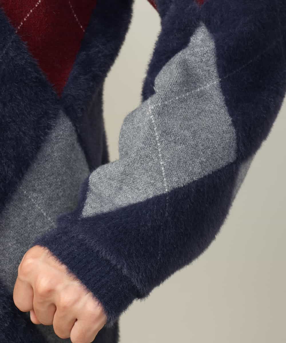 KHCLV26079 a.v.v MEN(アー・ヴェ・ヴェ) 【肌触りなめらか】アーガイル柄シャギーニットカーディガン(厚手） ネイビー×ボルドー
