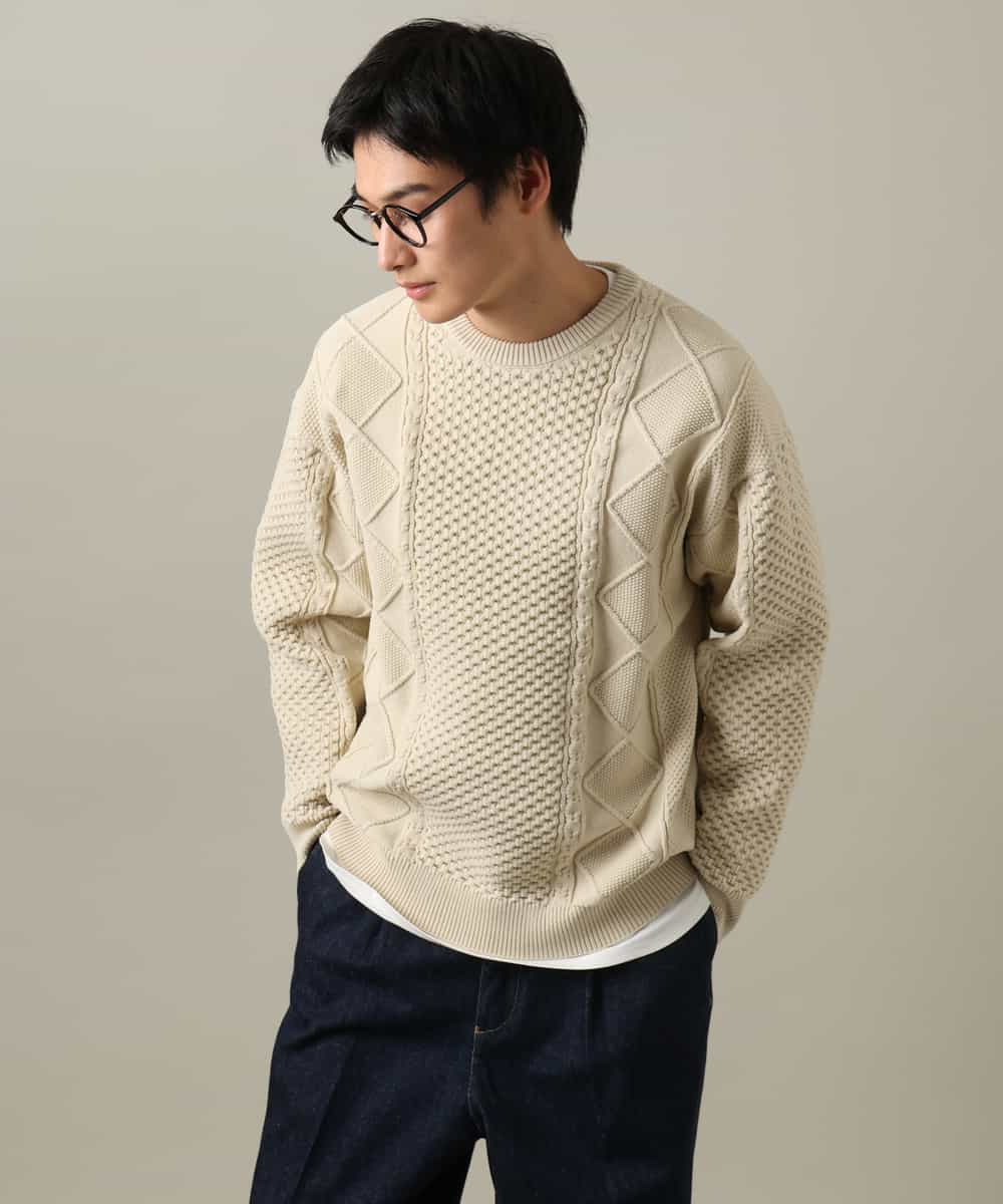 KHFAA42044 a.v.v MEN(アー・ヴェ・ヴェ) 【プレゼントにもオススメ】アラン編みクルーネックニット ブルー