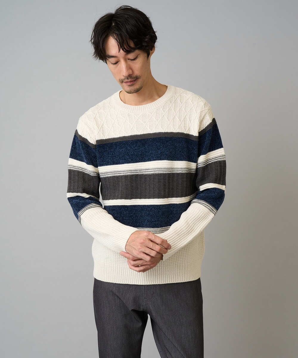 KHFAD03054 a.v.v MEN(アー・ヴェ・ヴェ) 【洗濯機で洗える】モールランダムボーダークルーネックニット ダークブルー系