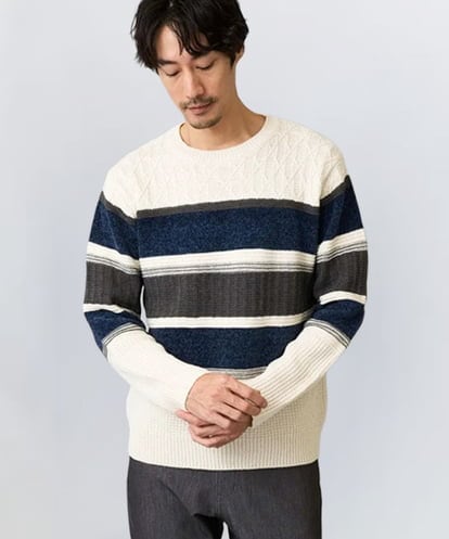 KHFAD03054 a.v.v MEN 【洗濯機で洗える】モールランダムボーダークルーネックニット