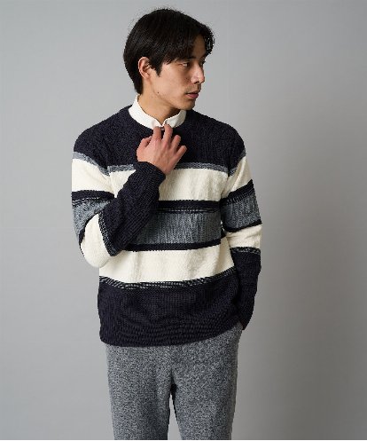 KHFAD03054 a.v.v MEN 【洗濯機で洗える】モールランダムボーダークルーネックニット