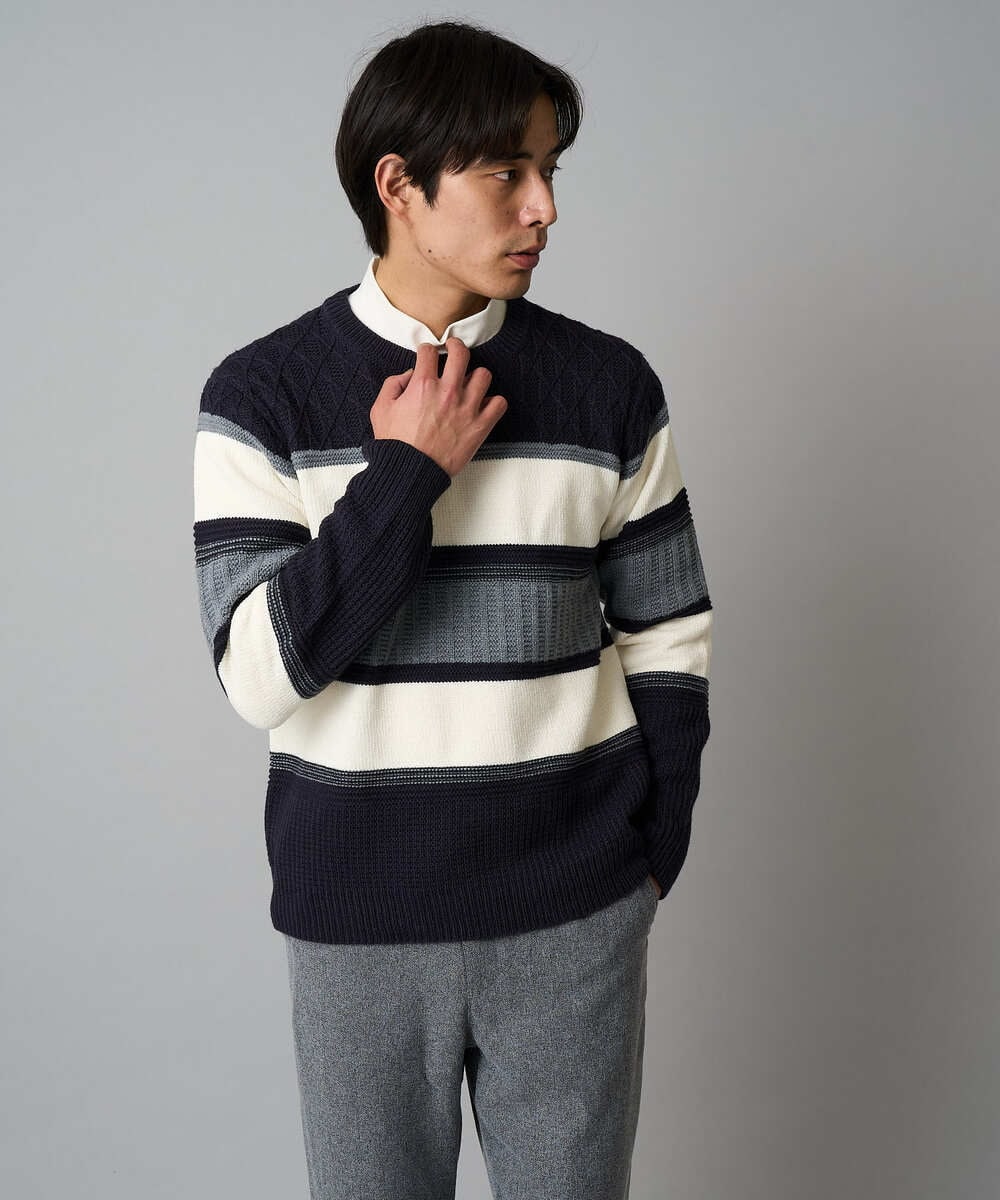 KHFAD03054 a.v.v MEN(アー・ヴェ・ヴェ) 【洗濯機で洗える】モールランダムボーダークルーネックニット ネイビー系