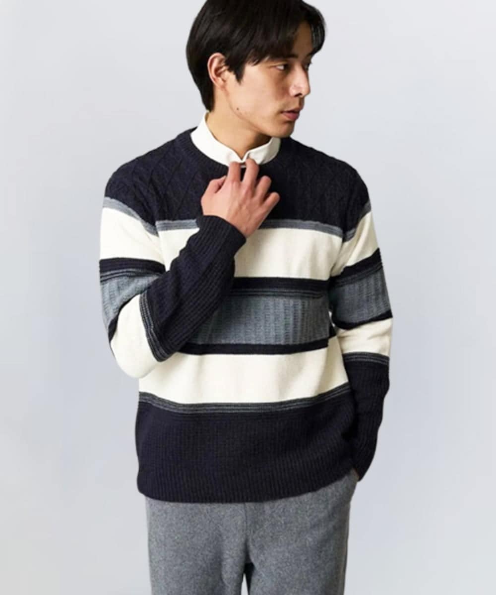 KHFAD03054 a.v.v MEN(アー・ヴェ・ヴェ) 【洗濯機で洗える】モールランダムボーダークルーネックニット ネイビー系