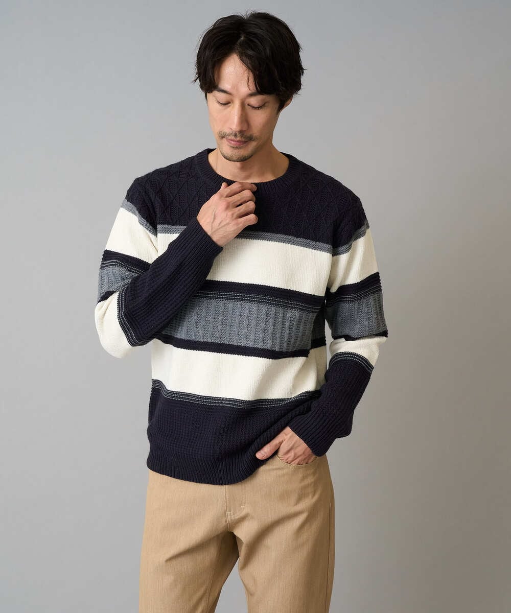 KHFAD03054 a.v.v MEN(アー・ヴェ・ヴェ) 【洗濯機で洗える】モールランダムボーダークルーネックニット ブラック系