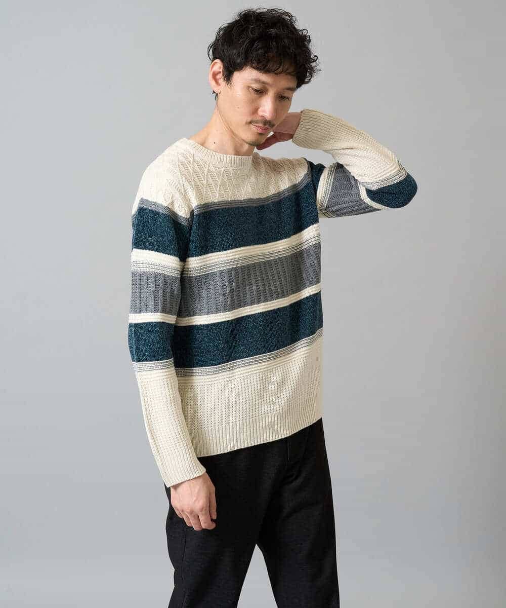 KHFAD03054 a.v.v MEN(アー・ヴェ・ヴェ) 【洗濯機で洗える】モールボーダークルーネックニット ブラック系