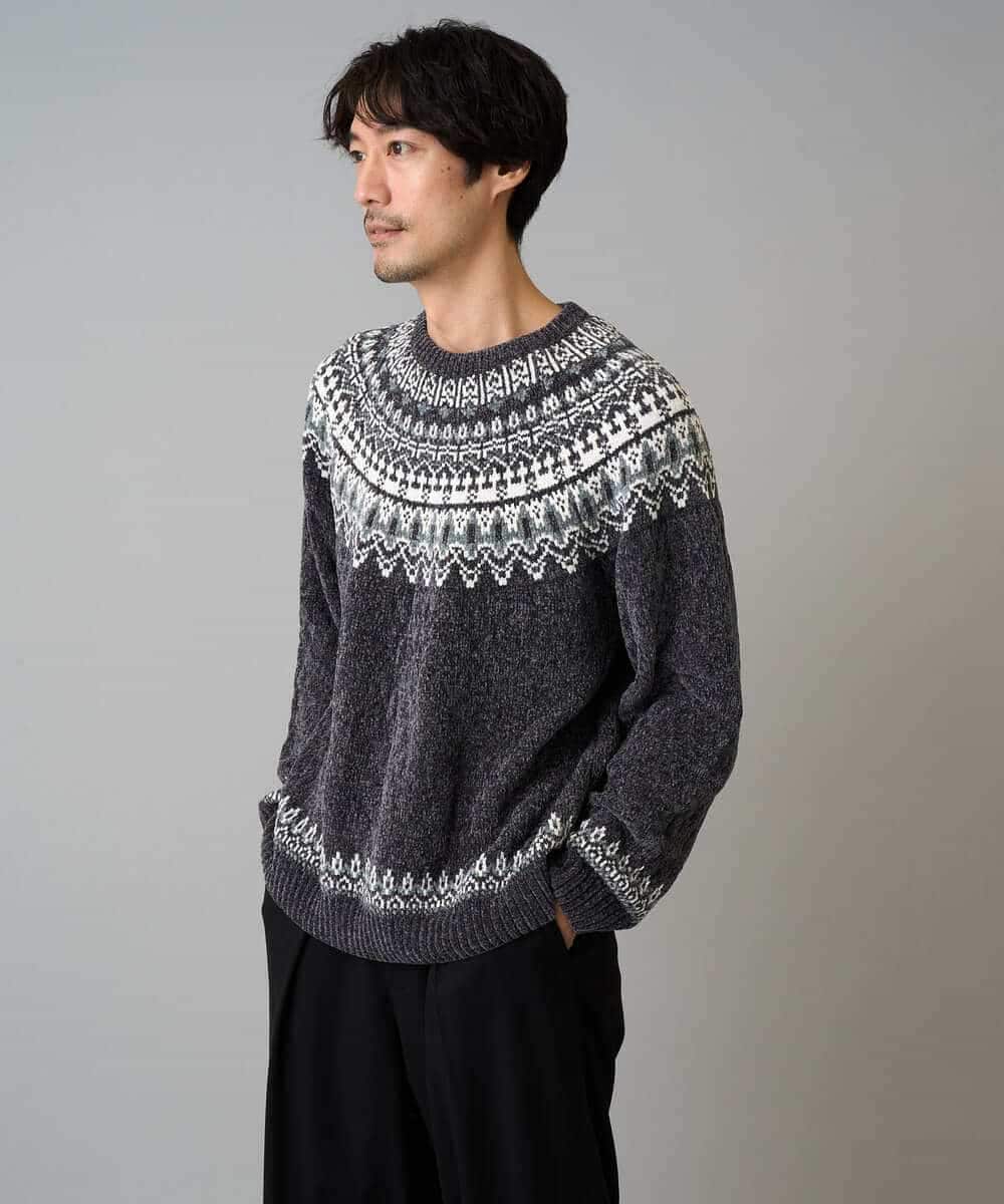 KHFAD24069 a.v.v MEN(アー・ヴェ・ヴェ) 【洗える】モール求心柄クルーネックニット ダークグレー