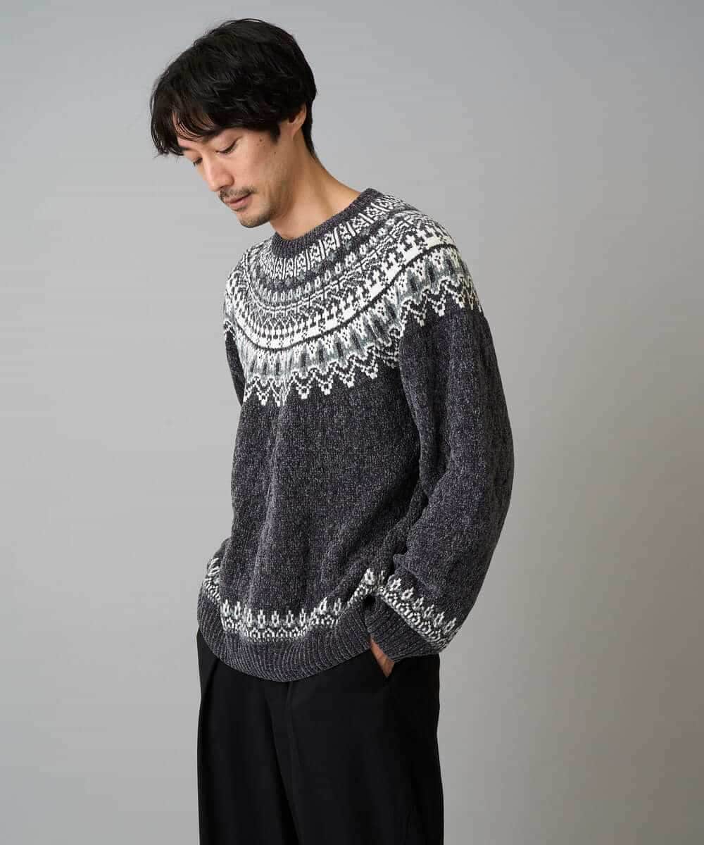 KHFAD24069 a.v.v MEN(アー・ヴェ・ヴェ) 【洗える】モール求心柄クルーネックニット ダークグレー