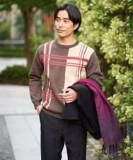 KHFAD26069 a.v.v MEN(アー・ヴェ・ヴェ) 【洗濯機で洗える】チェックジャカードクルーネックニット ブラウン