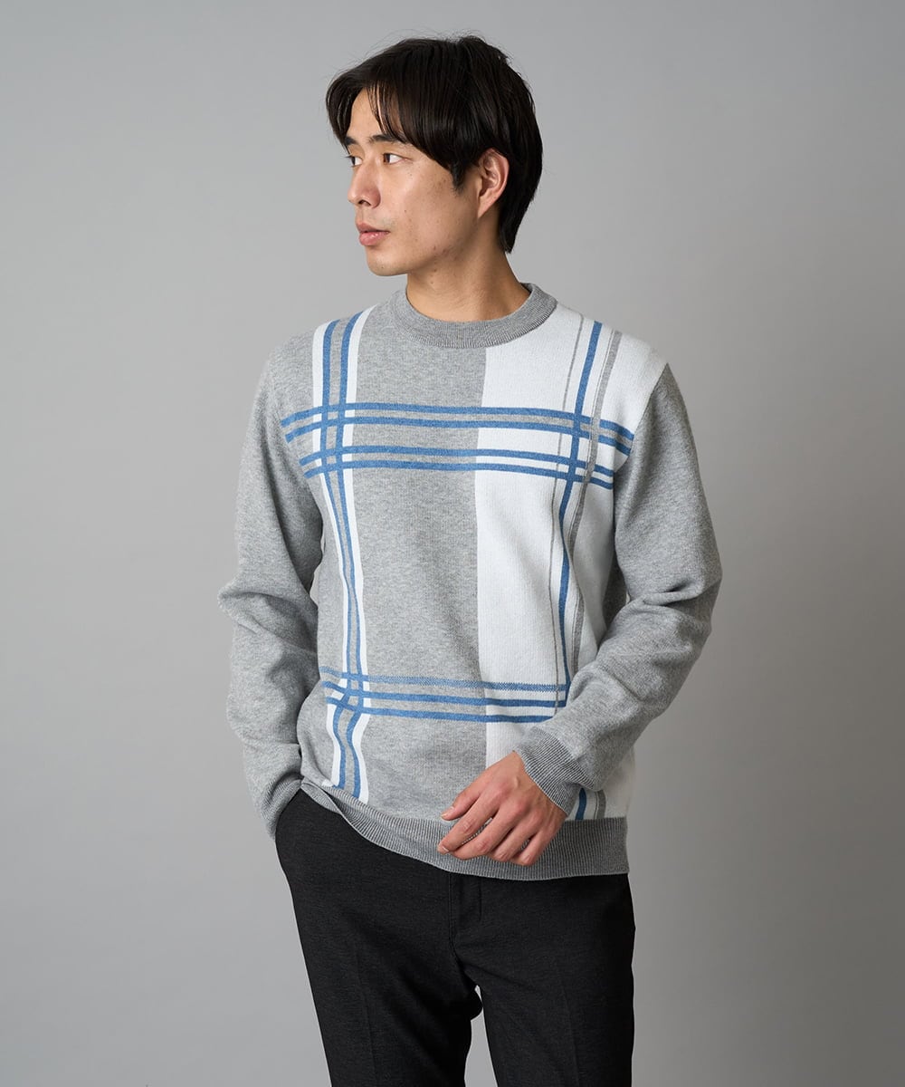 KHFAD26069 a.v.v MEN(アー・ヴェ・ヴェ) 【洗濯機で洗える】チェックジャカードクルーネックニット グレー