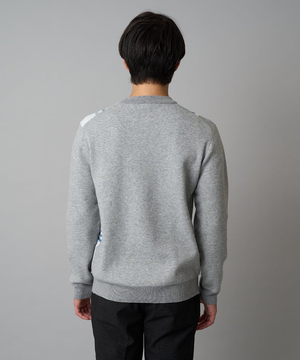 KHFAD26069 a.v.v MEN(アー・ヴェ・ヴェ) 【洗濯機で洗える】チェックジャカードクルーネックニット グレー