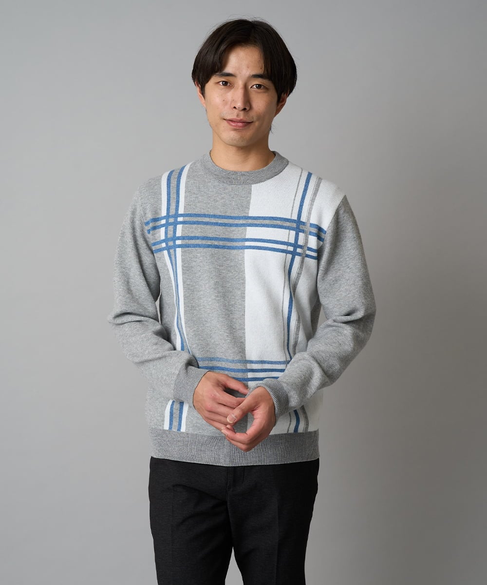 KHFAD26069 a.v.v MEN(アー・ヴェ・ヴェ) 【洗濯機で洗える】チェックジャカードクルーネックニット グレー