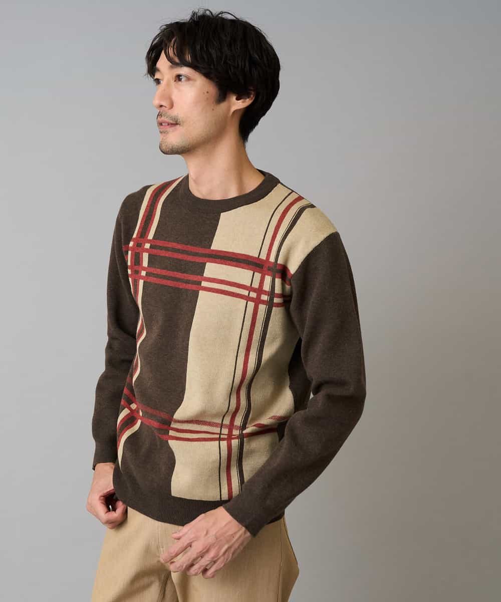 KHFAD26069 a.v.v MEN(アー・ヴェ・ヴェ) 【洗濯機で洗える】チェックジャカードクルーネックニット ブラウン