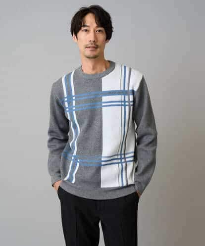 KHFAD26069 a.v.v MEN 【洗濯機で洗える】チェックジャカードクルーネックニット