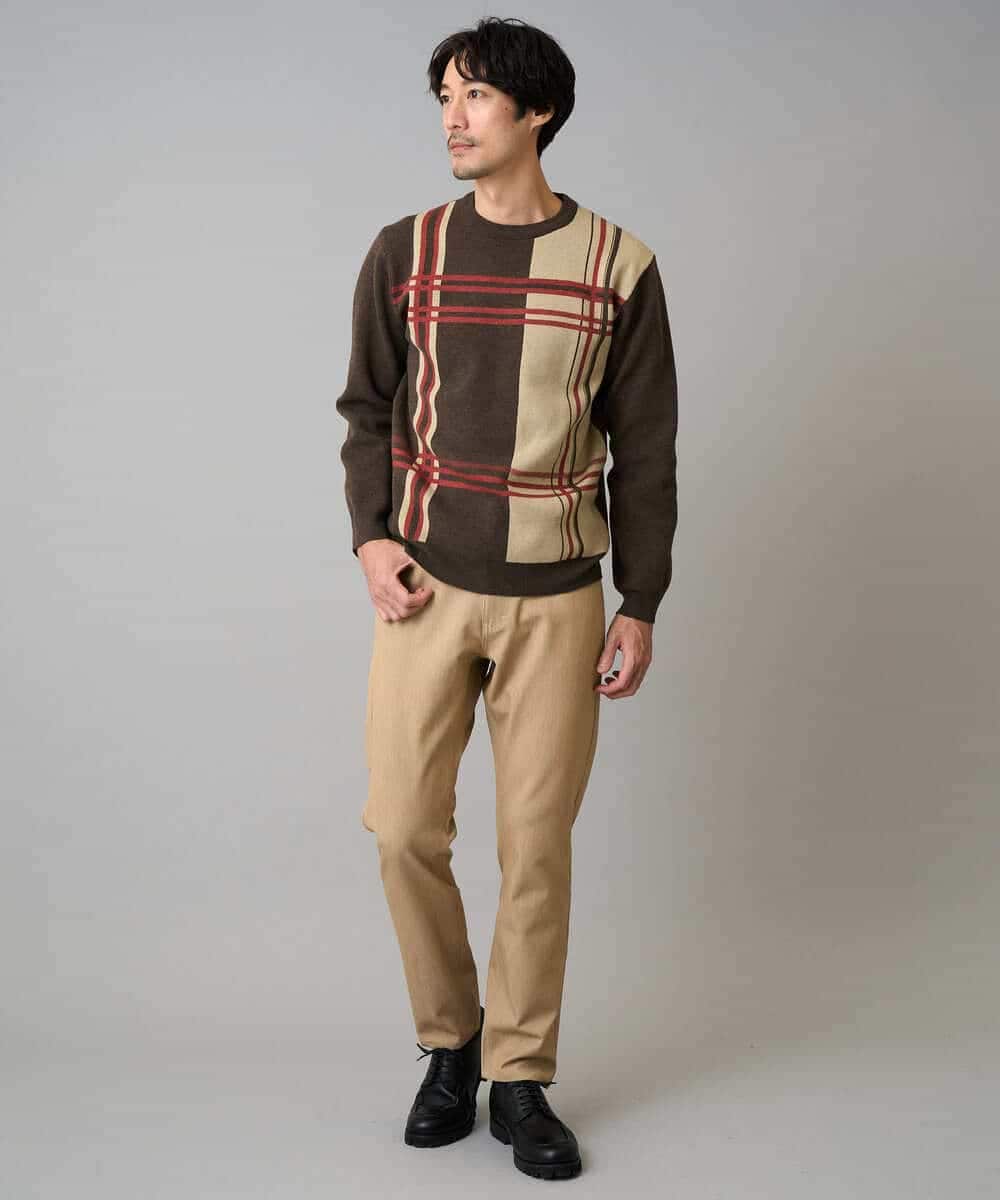 KHFAD26069 a.v.v MEN(アー・ヴェ・ヴェ) 【洗濯機で洗える】チェックジャカードクルーネックニット グレー