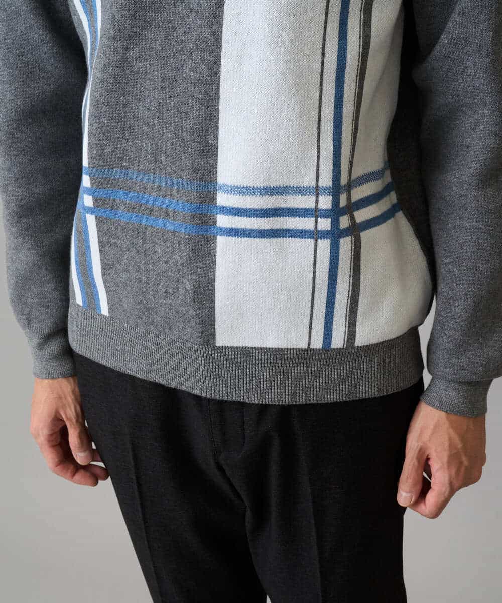 KHFAD26069 a.v.v MEN(アー・ヴェ・ヴェ) 【洗濯機で洗える】チェックジャカードクルーネックニット グレー