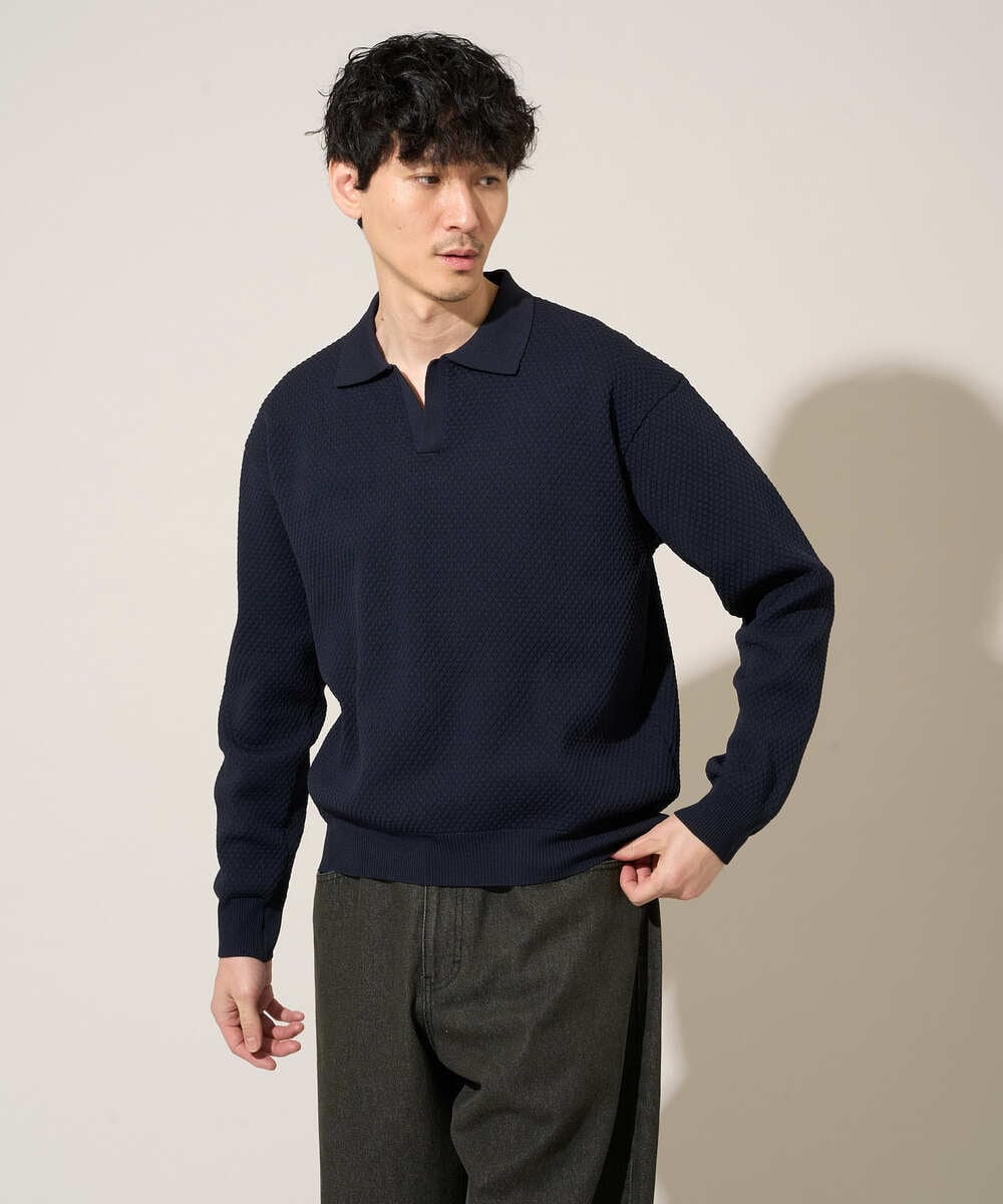 KHFED21069 a.v.v MEN(アー・ヴェ・ヴェ) 【洗濯機で洗える】ポップコーンスキッパーニットポロ ネイビー