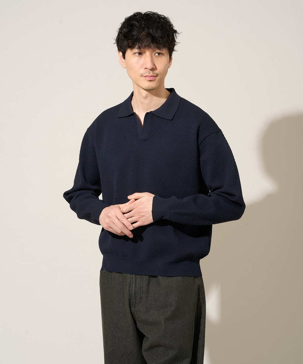KHFED21069 a.v.v MEN(アー・ヴェ・ヴェ) 【洗濯機で洗える】ポップコーンスキッパーニットポロ ネイビー