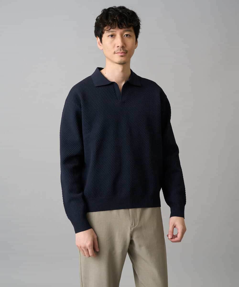 KHFED21069 a.v.v MEN(アー・ヴェ・ヴェ) 【洗濯機で洗える】ポップコーンスキッパーニットポロ ネイビー