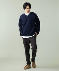 KHFES02059 a.v.v MEN(アー・ヴェ・ヴェ) 【S-XXL】レイヤードカットソー付きアゼ編みVネックニット グリーン