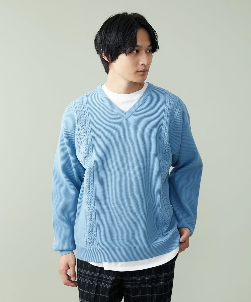 S-XXL】レイヤードカットソー付きアゼ編みVネックニット(ニット