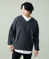 KHFES02059 a.v.v MEN(アー・ヴェ・ヴェ) 【S-XXL】レイヤードカットソー付きアゼ編みVネックニット グリーン