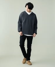 KHFES02059 a.v.v MEN(アー・ヴェ・ヴェ) 【S-XXL】レイヤードカットソー付きアゼ編みVネックニット グリーン