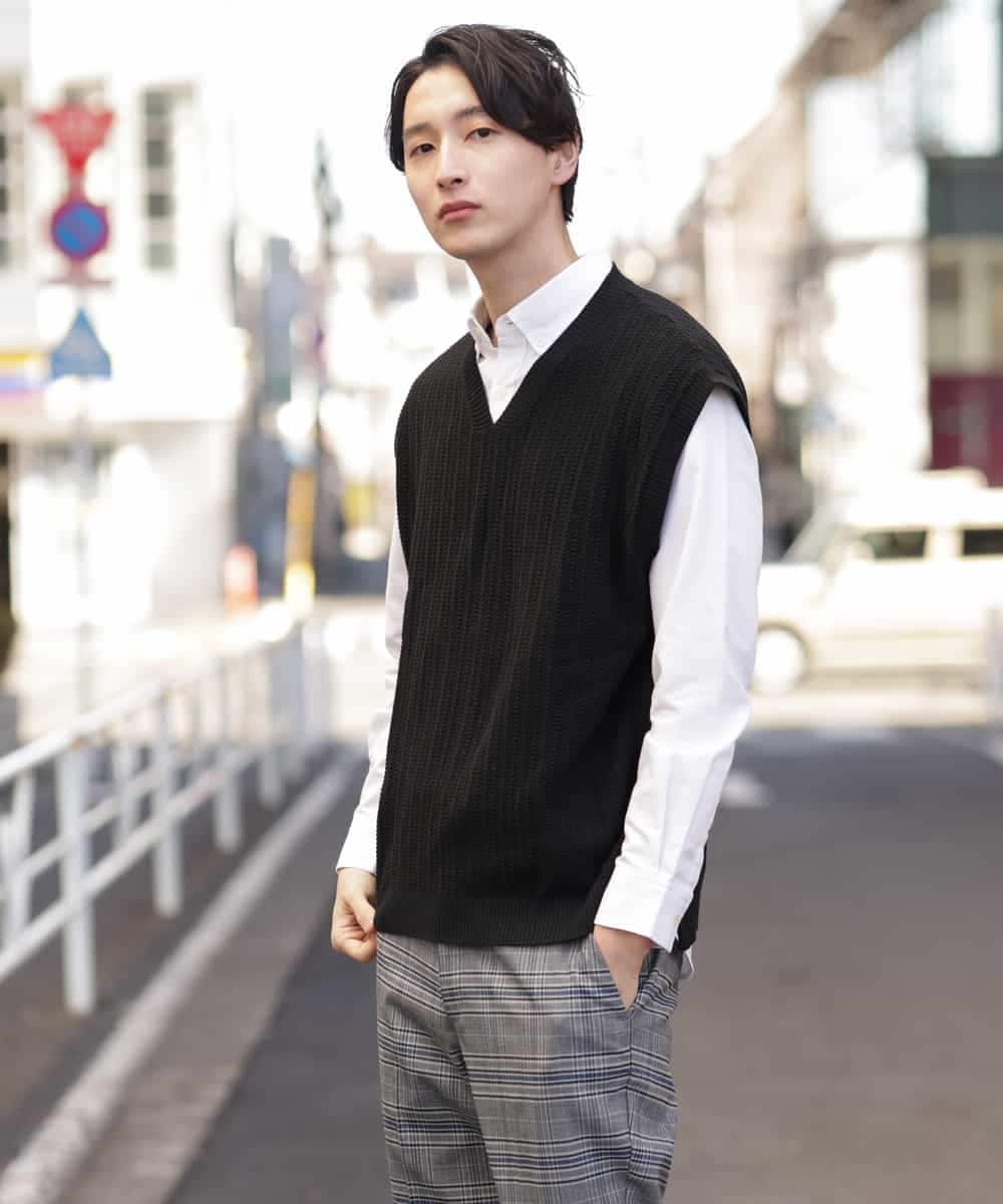 KHFFP10054 a.v.v MEN(アー・ヴェ・ヴェ) 【2点SET/洗濯機で洗える】カットソー付きVネックニットベスト ブルー