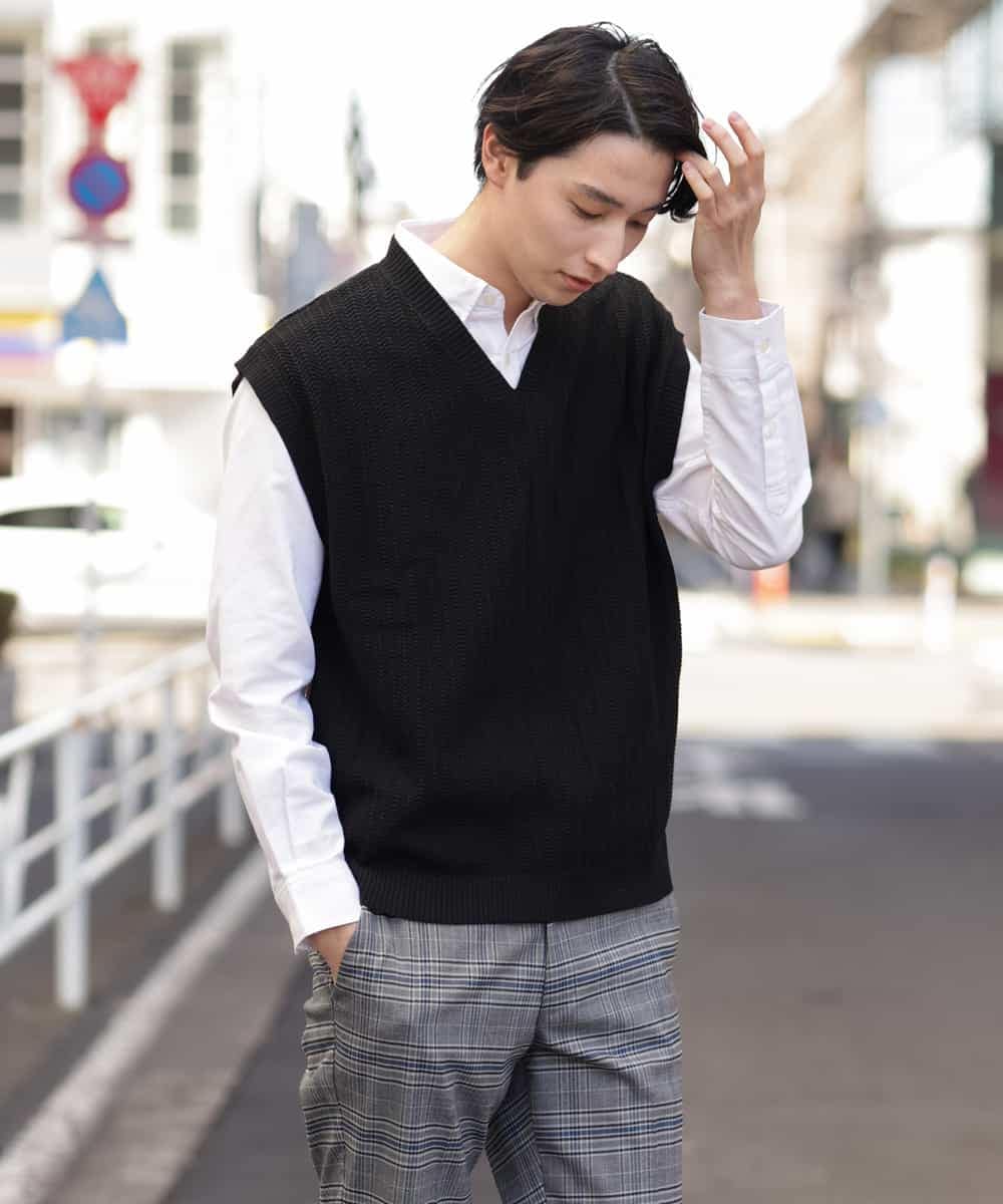 KHFFP10054 a.v.v MEN(アー・ヴェ・ヴェ) 【2点SET/洗濯機で洗える】カットソー付きVネックニットベスト ブルー