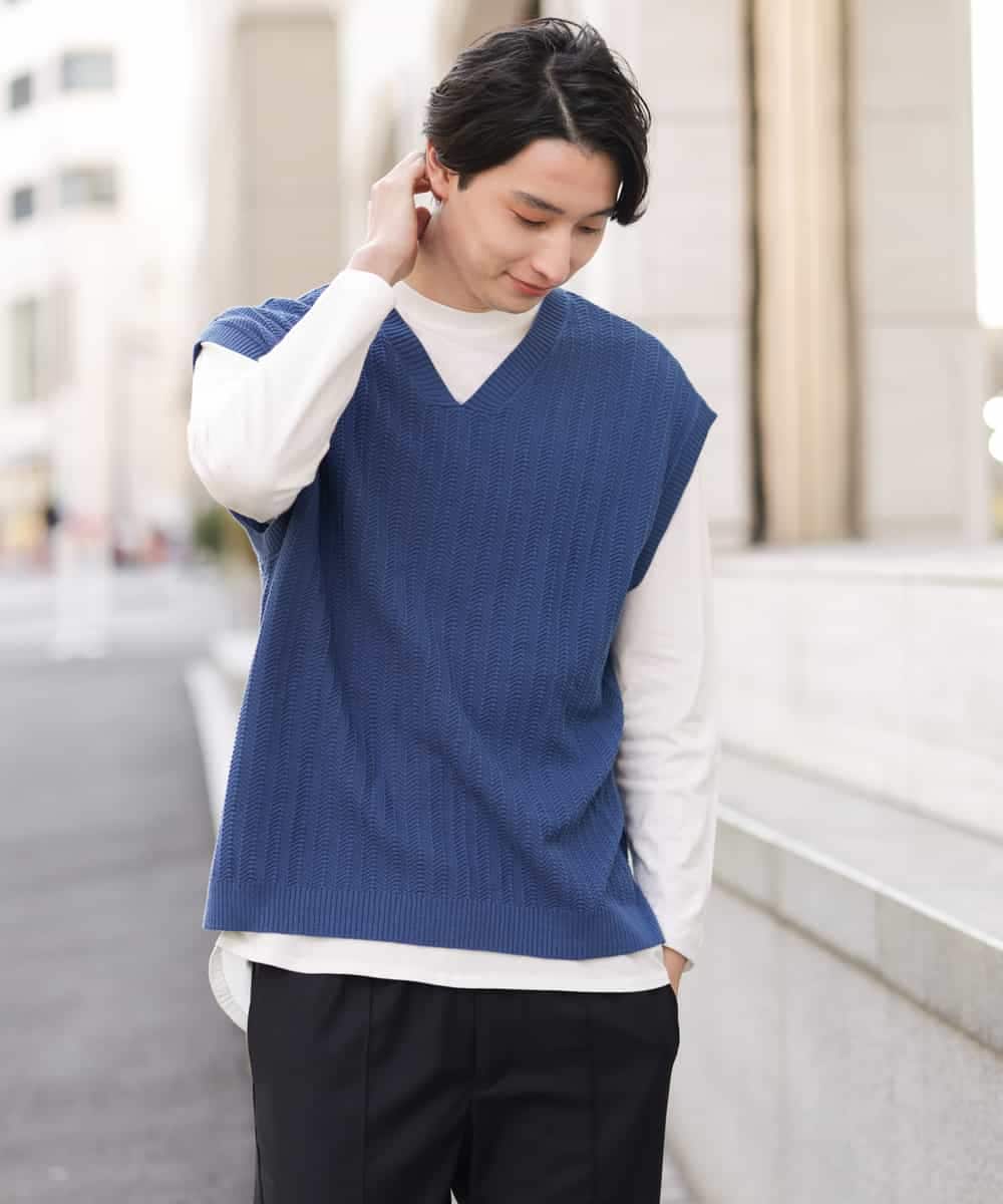 KHFFP10054 a.v.v MEN(アー・ヴェ・ヴェ) 【2点SET/洗濯機で洗える】カットソー付きVネックニットベスト ブルー