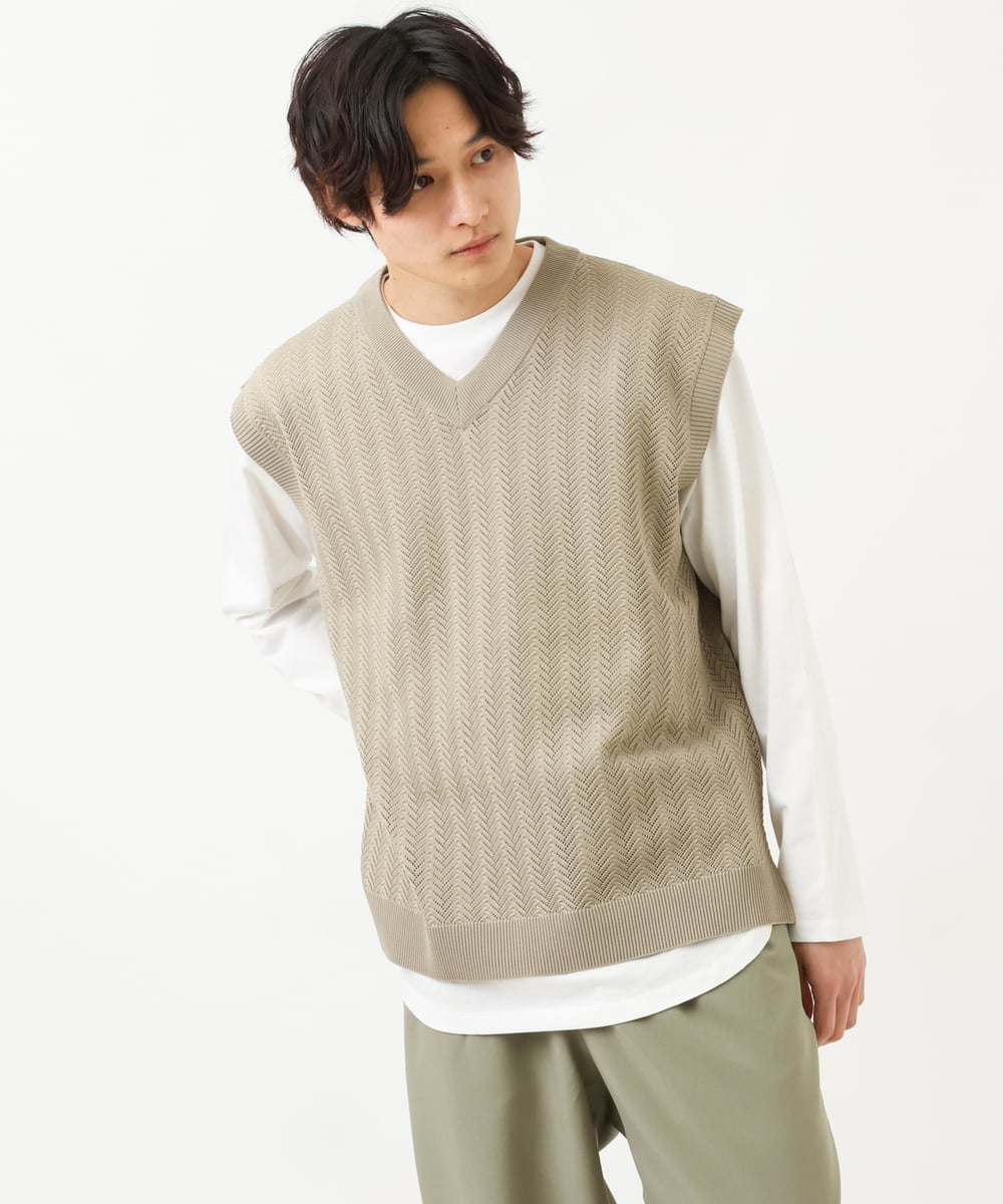 KHFFS10059 a.v.v MEN(アー・ヴェ・ヴェ) レイヤードカットソー付きVネックニットベスト ベージュ