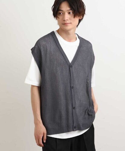 KHFGS44059 a.v.v MEN 【2SET】メッシュ編みニットベストカーデ(カットソー付き)