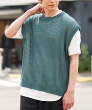 KHFHP53059 a.v.v MEN(アー・ヴェ・ヴェ) 【2SET/ドライタッチ】透かし編みニットベスト（カットソー付き） グリーン