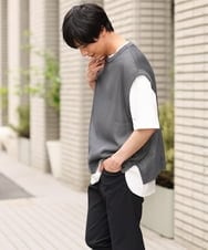 KHFHP53059 a.v.v MEN(アー・ヴェ・ヴェ) 【2SET/ドライタッチ】透かし編みニットベスト（カットソー付き） グリーン