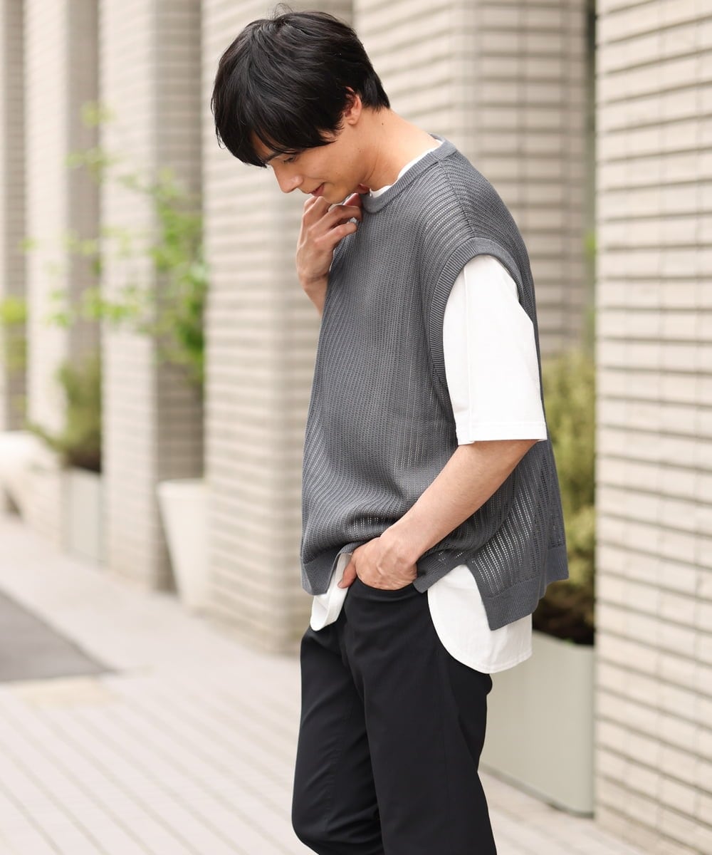 KHFHP53059 a.v.v MEN(アー・ヴェ・ヴェ) 【2SET/ドライタッチ】透かし編みニットベスト（カットソー付き） グリーン